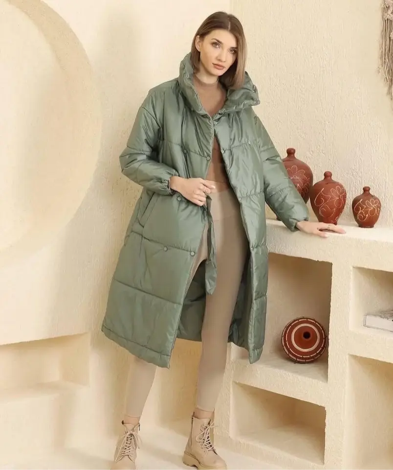 Soft Yeşil Kuşaklı Uzun Şişme Mont