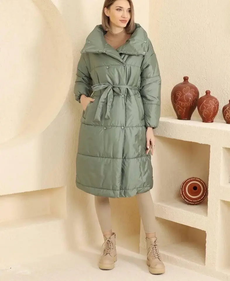 Soft Yeşil Kuşaklı Uzun Şişme Mont